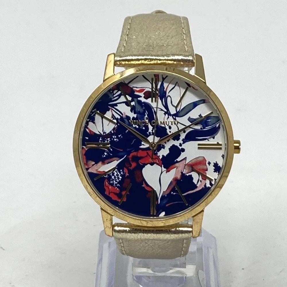 Vince Camuto Women's Watch 40mm Floral Dial Gold Tone Leather New Battery 8.25